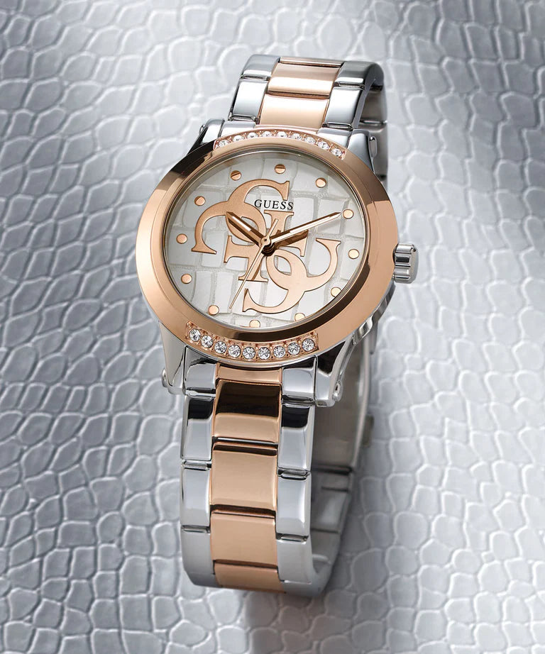 GUESS GW0861L5 watch side profile view displaying 2-tone bracelet design and case thickness