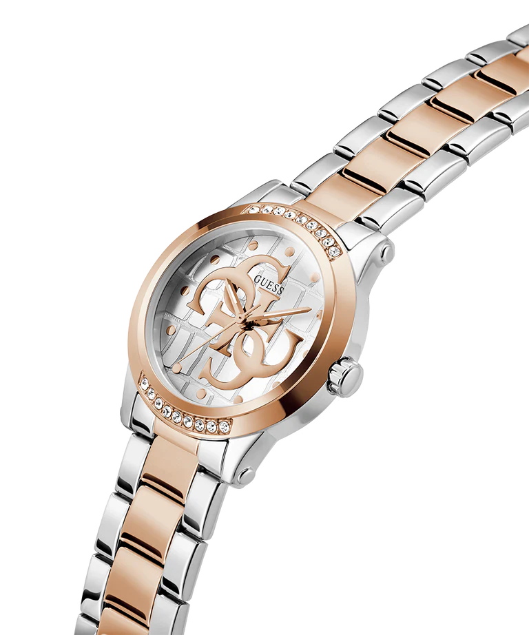 GUESS GW0861L5 2-tone watch at angle showing full bracelet and dial with crystal bezel detail
