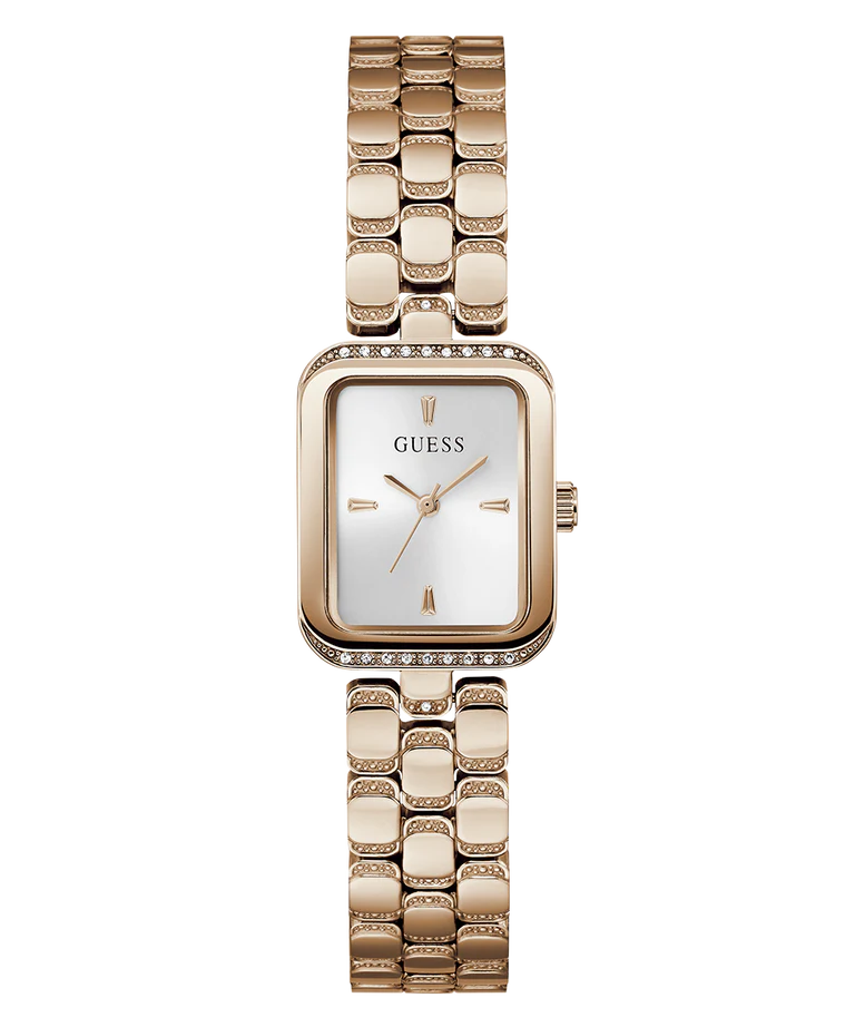 GUESS GW0865L3 rose gold tone rectangular watch with white dial and crystal bezel