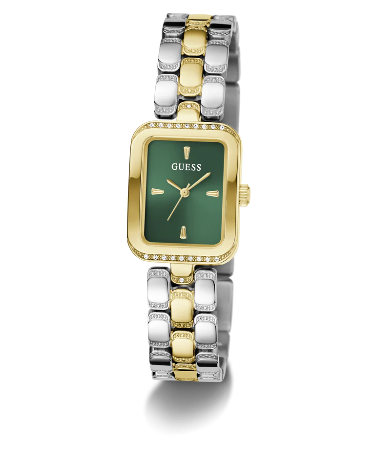 GUESS GW0865L6 watch at angle showing 2-tone bracelet and green dial with bezel