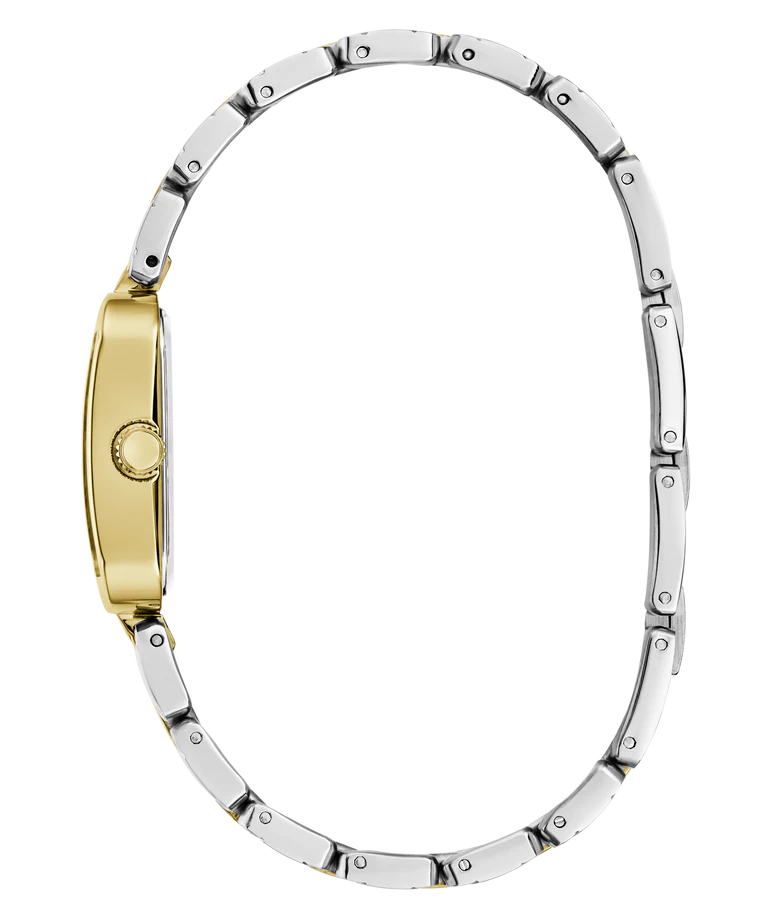 GUESS GW0865L6 watch side profile of rectangular case with 2-tone bracelet links