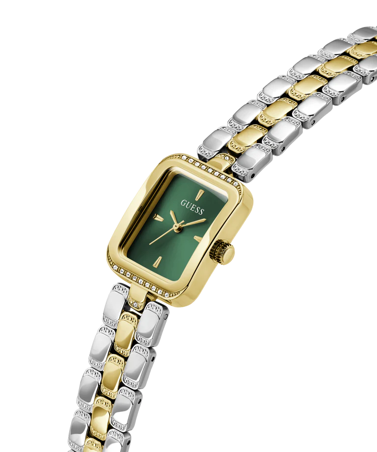 GUESS GW0865L6 watch from side view displaying 2-tone link bracelet