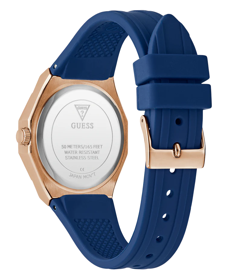 GUESS watch caseback showing stainless steel construction and water resistant specifications