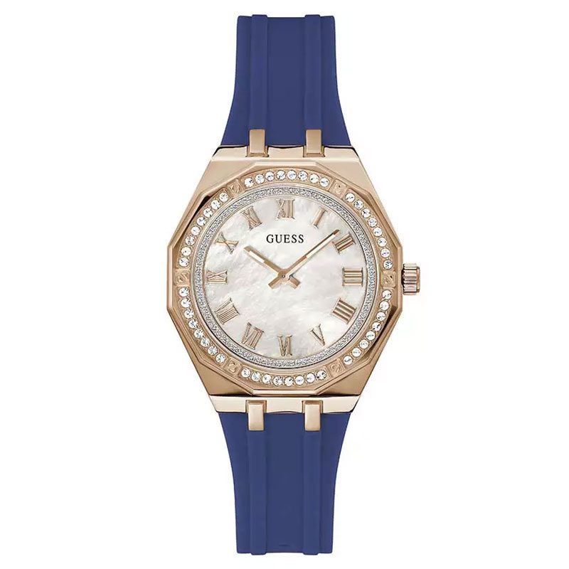 GUESS rose gold tone analog ladies watch with blue strap and crystal-accented bezel