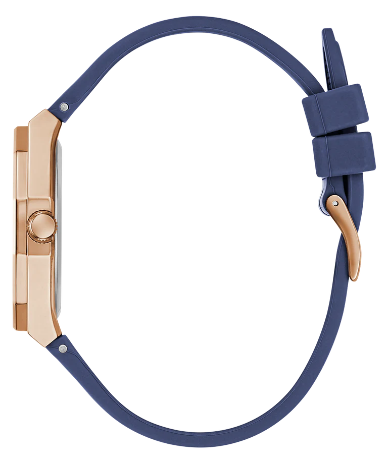 GUESS GW0872L3 blue silicone strap detail with rose gold tone buckle and lugs
