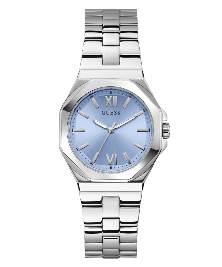 GUESS GW0873L1 silver-tone women's watch with light blue dial and Roman numerals
