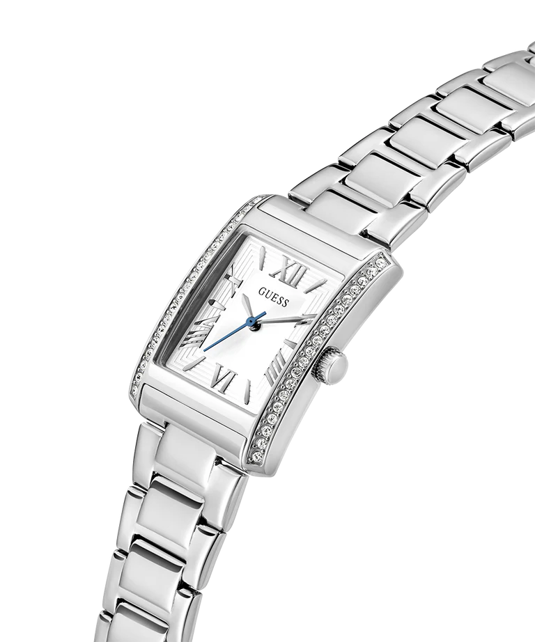 Guess GW0874L1 watch shown at angle with silver-tone linked metal bracelet