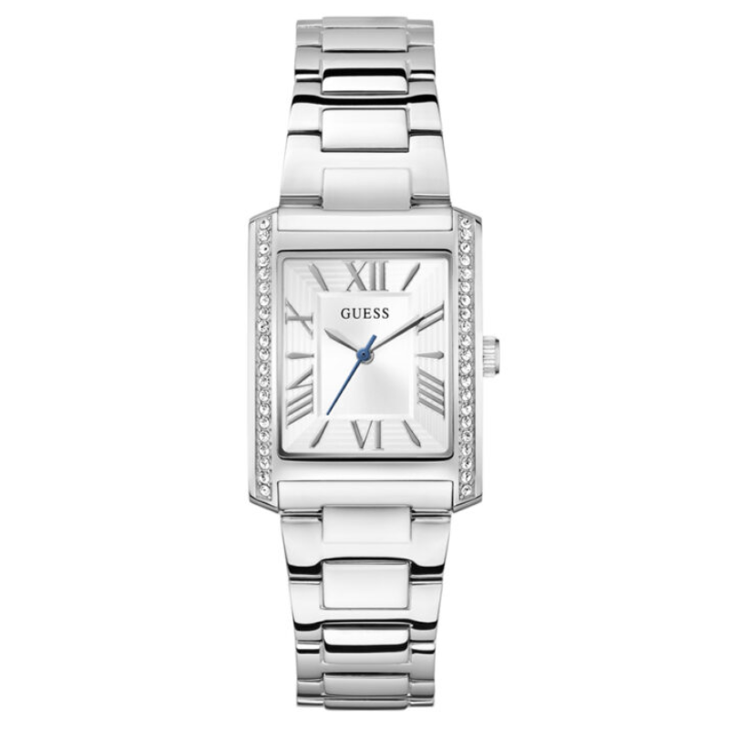 Guess silver-tone square watch with crystal-set bezel, white dial, Roman numerals, and metal bracelet