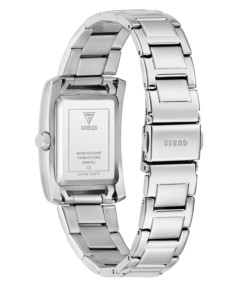 Side profile of Guess GW0874L1 showing crystal-set bezel and thick linked metal band