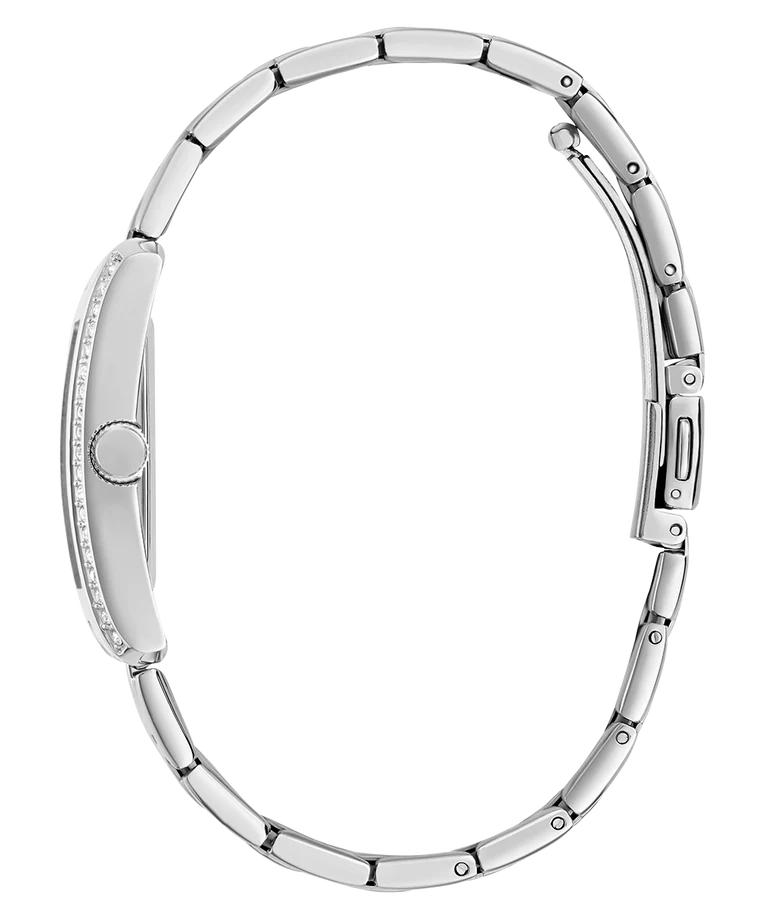 Guess GW0874L1 silver-tone linked metal bracelet and case detail with water resistance marking