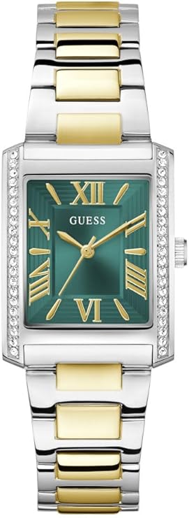 GUESS two-tone silver and gold ladies watch with green dial and Roman numerals