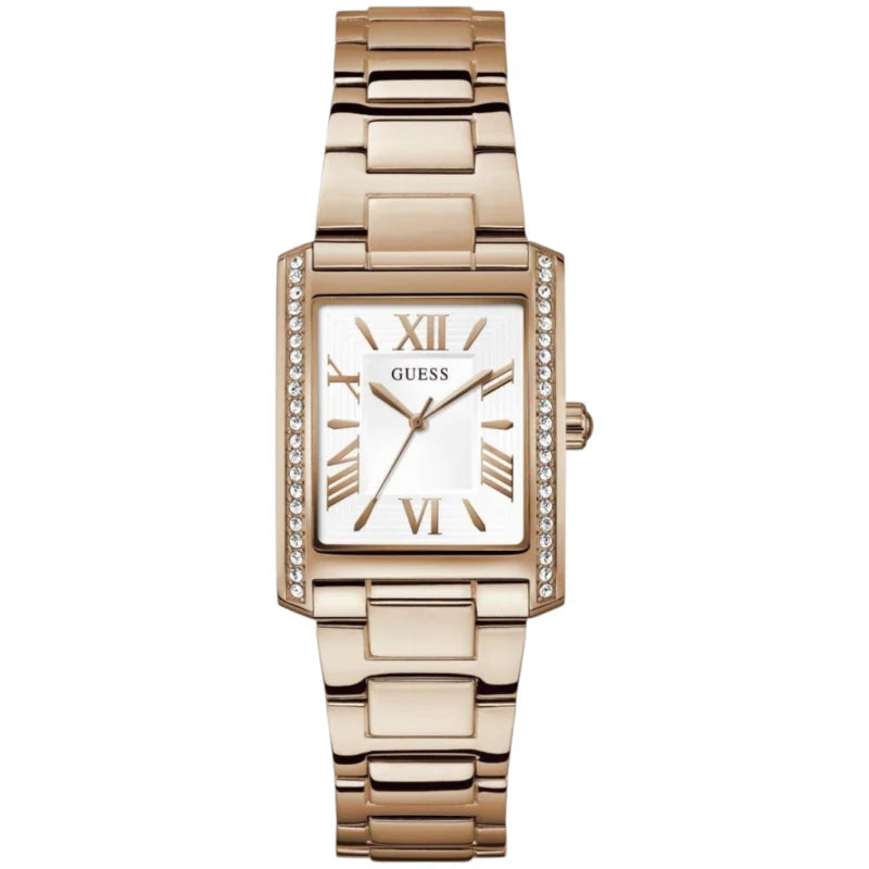 Guess GW0874L3 gold stainless-steel watch with rectangular white dial and crystal bezel