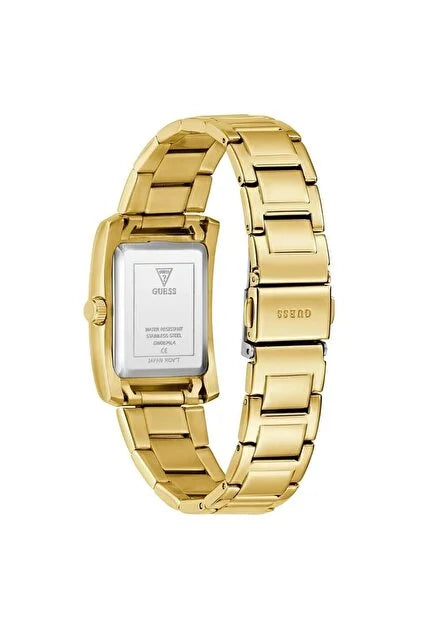 Guess gold watch angled view showing rectangular case and link bracelet details