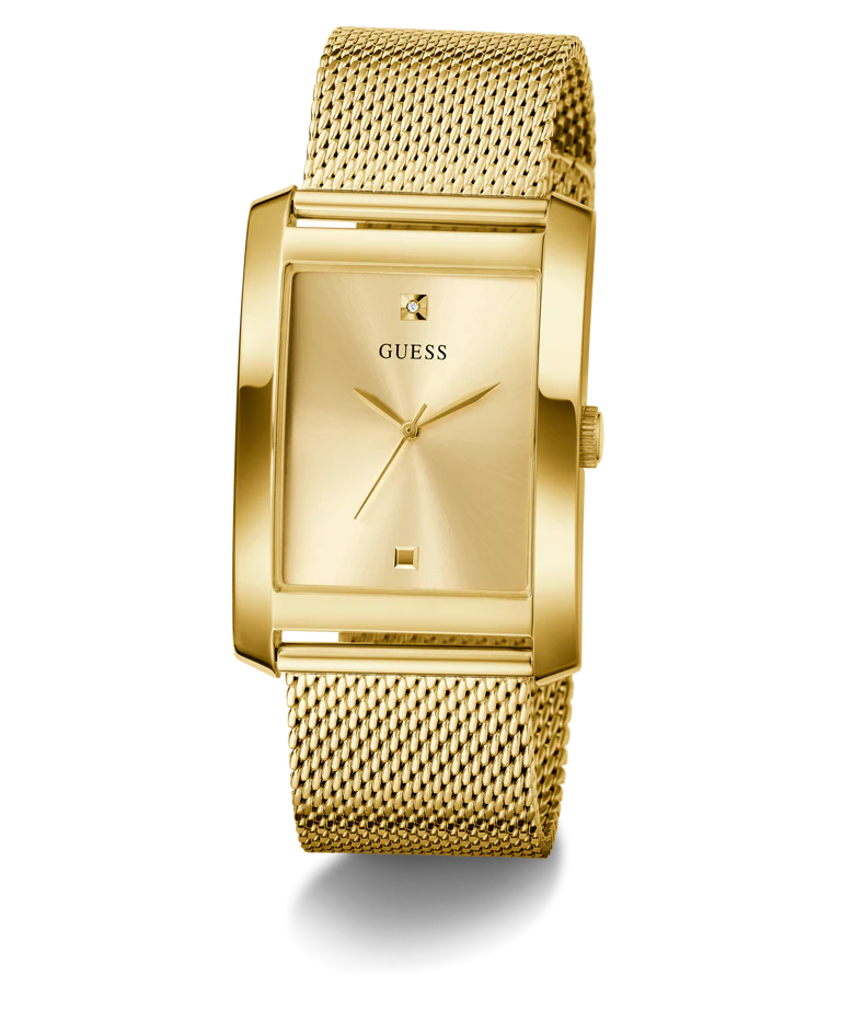 GUESS GW0898G1 gold watch angled view showing rectangular case and mesh strap