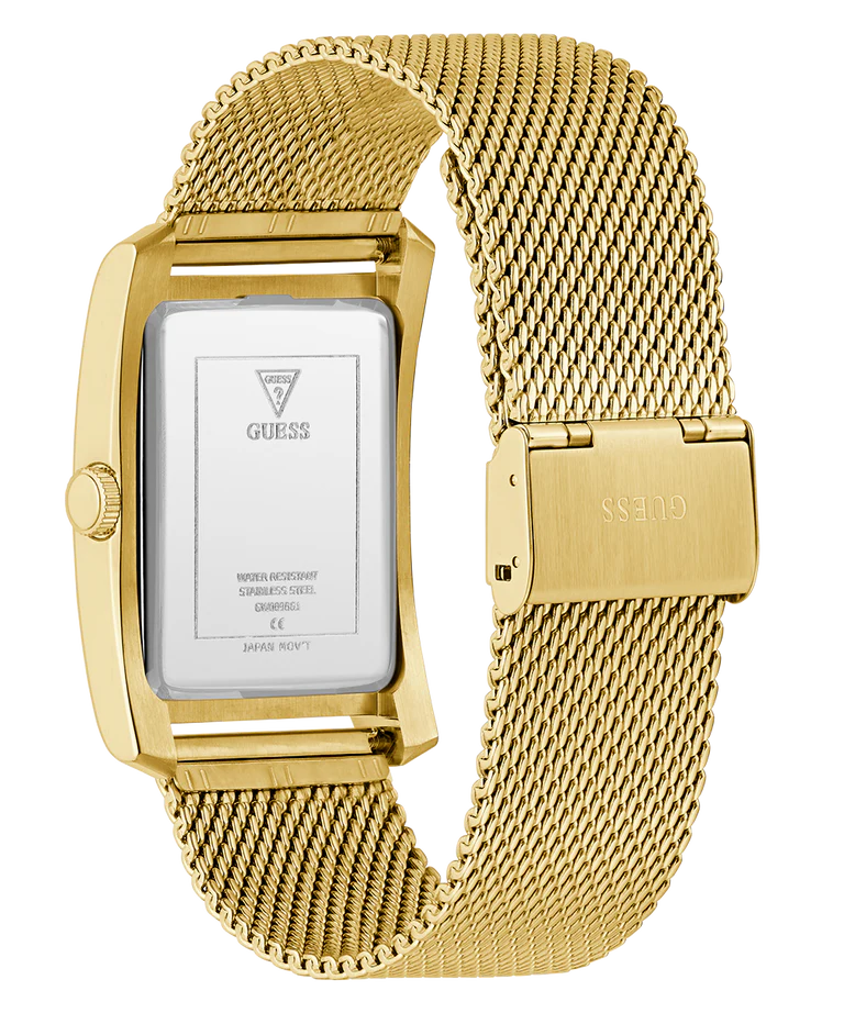 GUESS GW0898G1 gold watch case back showing mesh bracelet and clasp