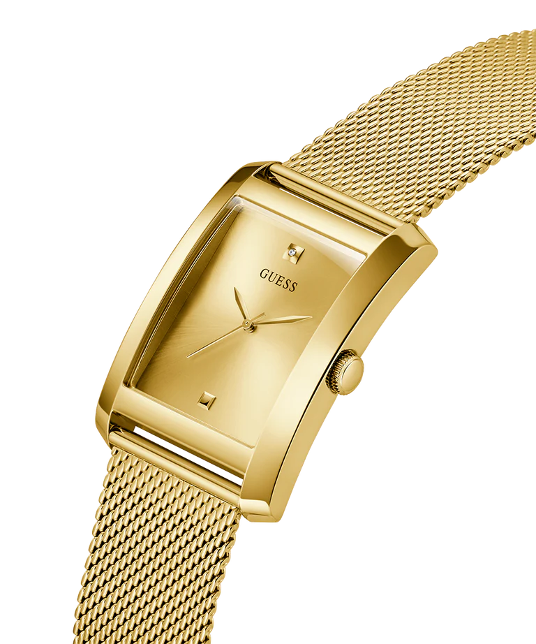 GUESS GW0898G1 gold watch side profile view of case and bracelet