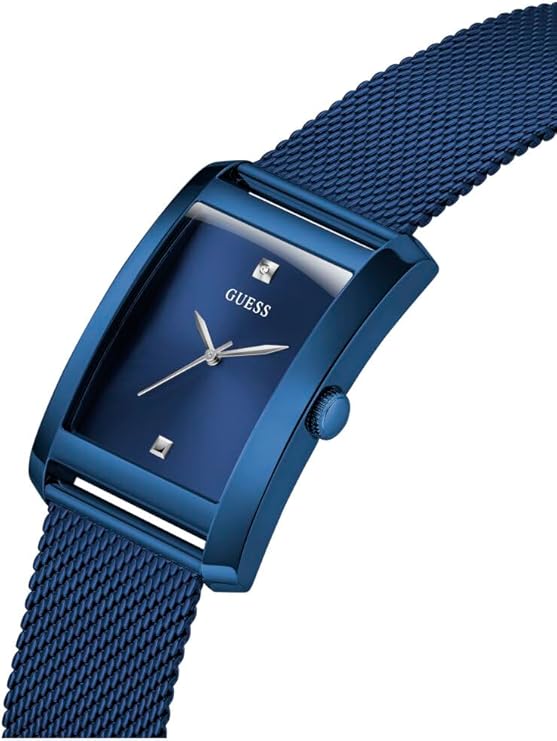 GUESS blue rectangular watch at angle displaying dial and mesh strap design