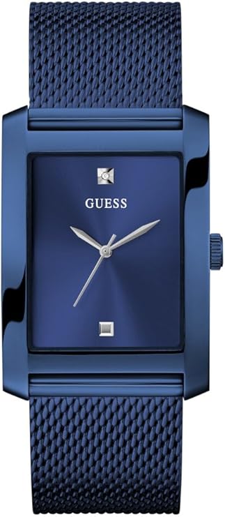 GUESS blue rectangular analog watch with blue mesh strap and white dial markers