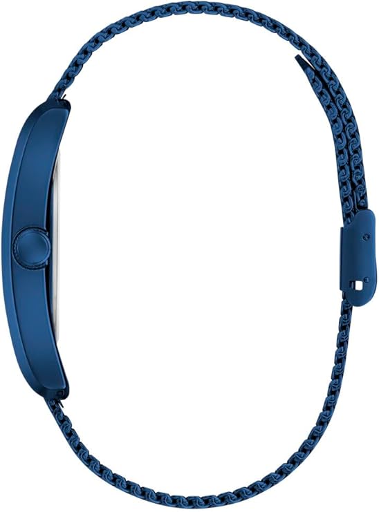 GUESS GW0898G2 watch side view showing blue case and adjustable mesh strap