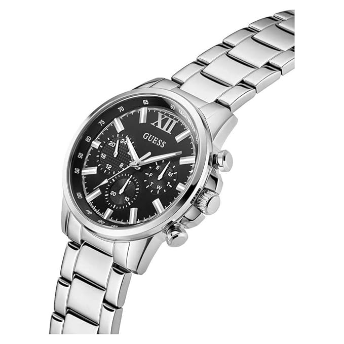 GUESS GW0900G1 three-quarter angle view with tachymeter bezel and chronograph dials