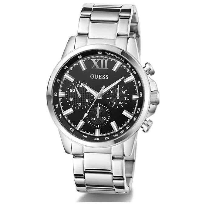 GUESS GW0900G1 watch angled view showing multi-function chronograph complications