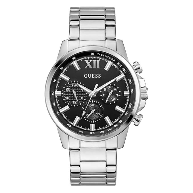 GUESS GW0900G1 silver chronograph watch front view with black dial and Roman numerals