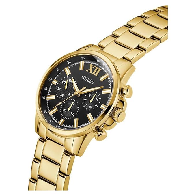 GUESS GW0900G3 gold chronograph watch at angle with black dial and gold links