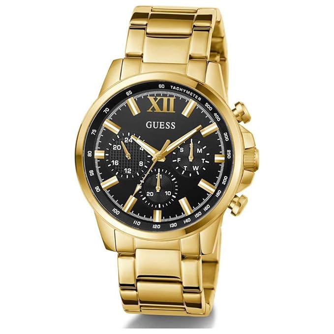GUESS gold tone chronograph watch at angle showing black dial and gold bracelet