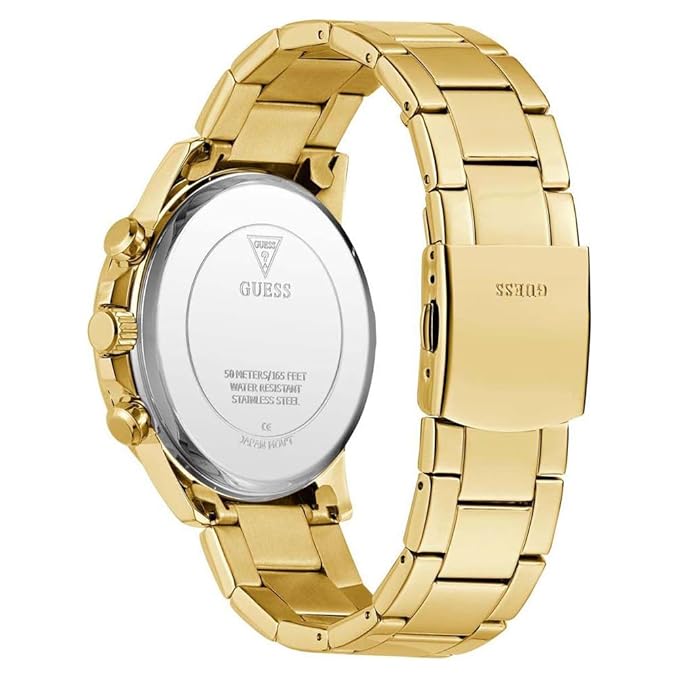 GUESS GW0900G3 watch caseback showing transparent crystal with engraved text