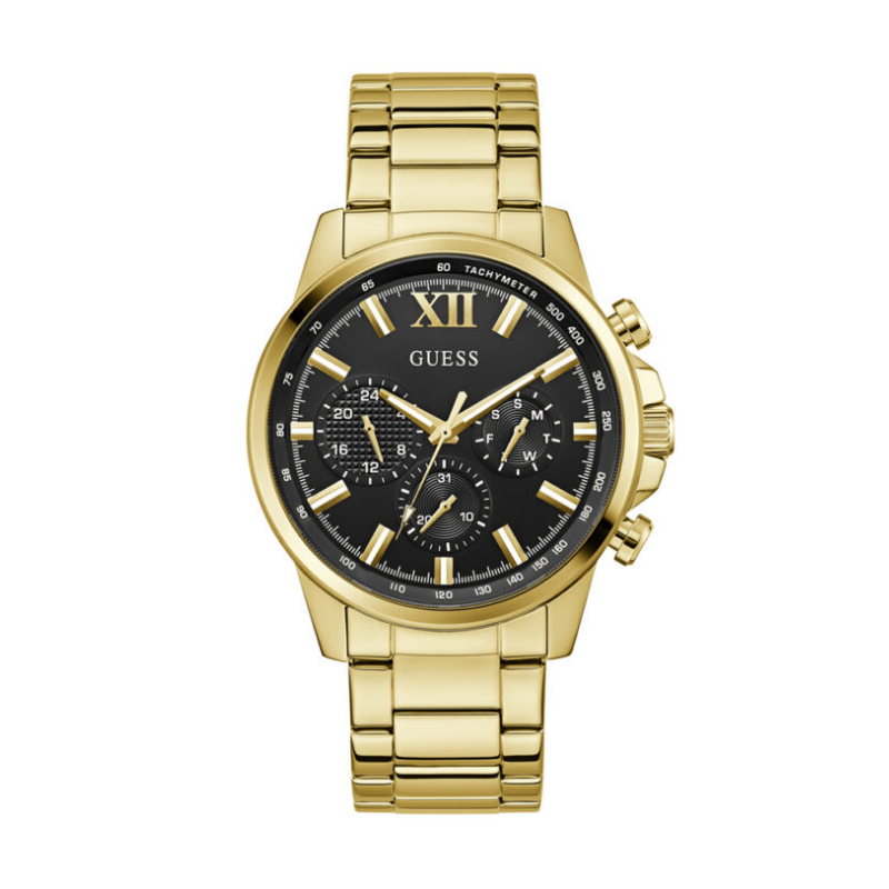 GUESS gold tone men's chronograph watch with black dial and Roman numerals