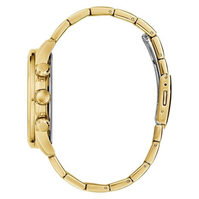 GUESS gold tone chronograph watch shown from side profile with gold bracelet
