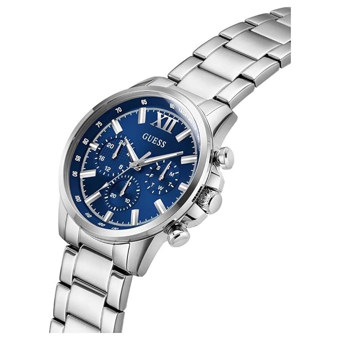 GUESS silver chronograph watch at angle showing blue dial and stainless steel bracelet detail