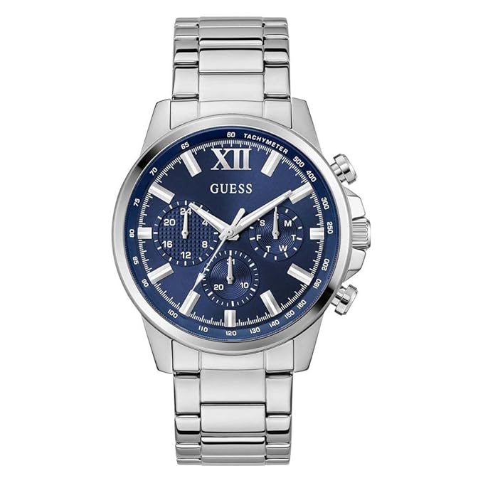 GUESS silver tone chronograph watch with blue dial and Roman numerals