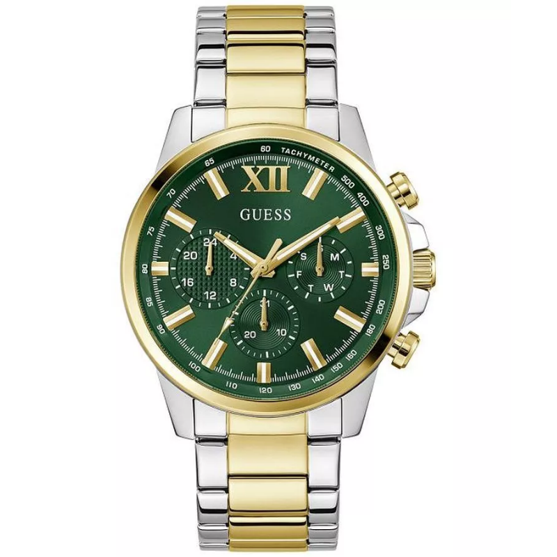 GUESS GW0900G5 men's watch with 2-tone gold and silver bracelet, green chronograph dial with Roman numerals