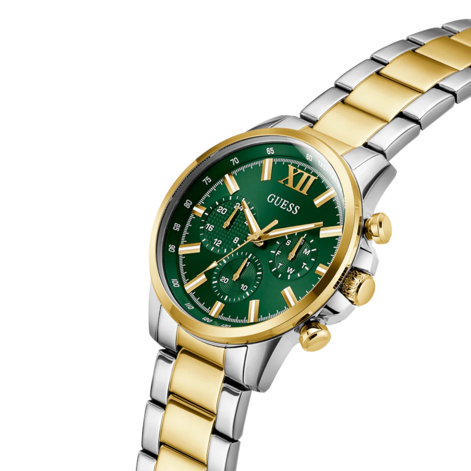GUESS GW0900G5 angled view showing 2-tone bracelet, green dial, and chronograph subdials