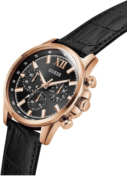 Angled view of Guess GW0901G5 men's chronograph with gold-tone case and black leather band