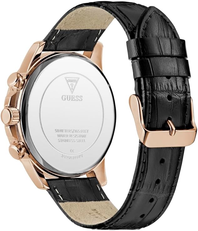 Caseback of Guess GW0901G5 displaying stainless steel backing and water resistance specifications