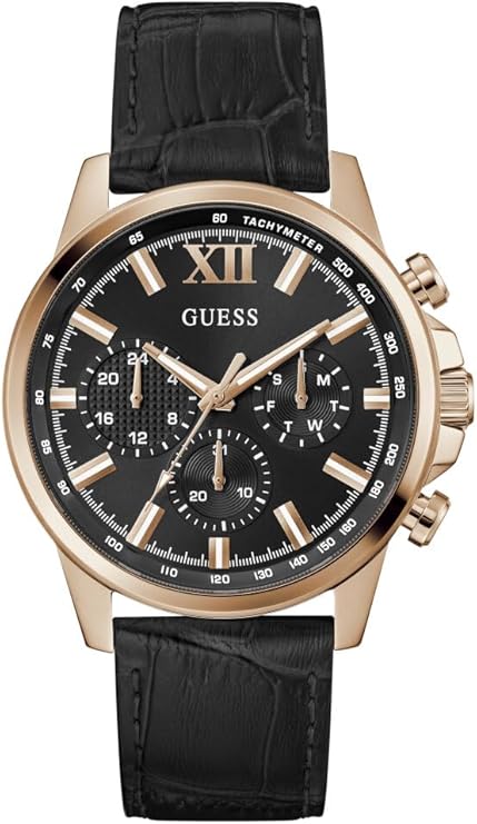 Guess GW0901G5 men's watch with black dial, gold-tone case, Roman numerals, and black leather strap