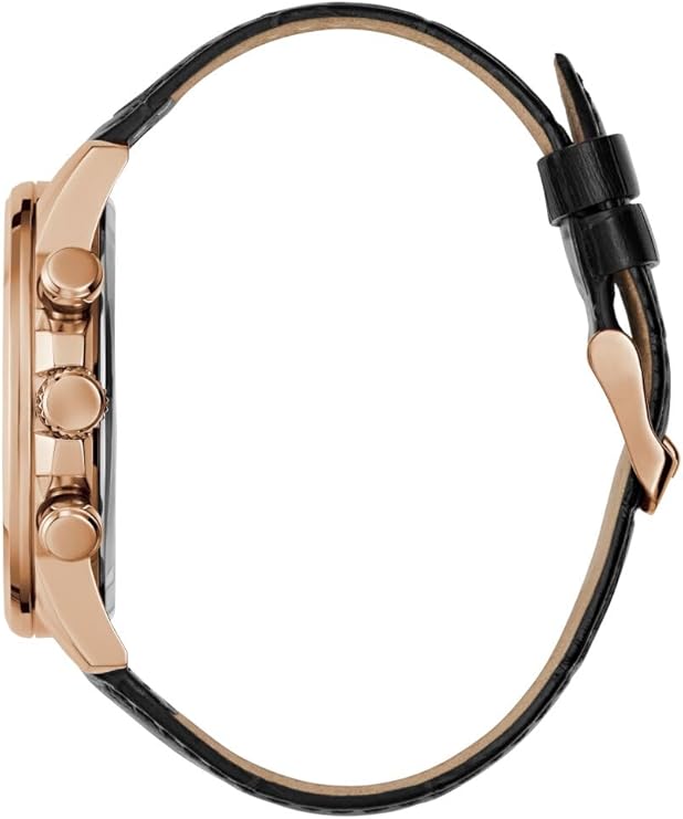 Side view of Guess GW0901G5 showing rose gold case, chronograph pushers, and black leather strap
