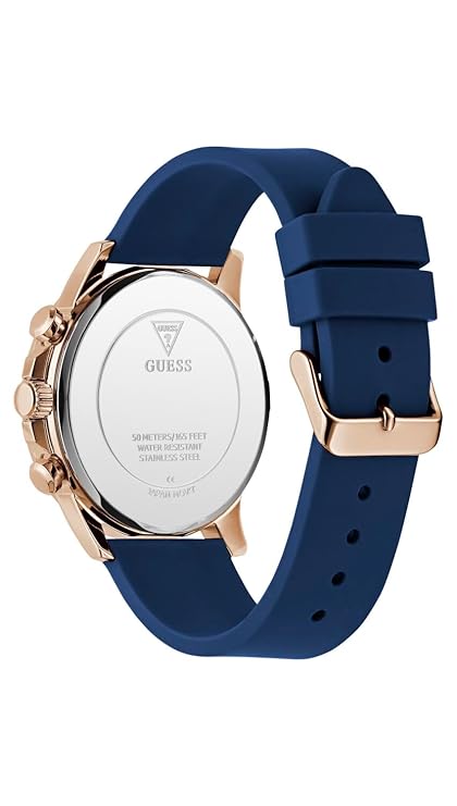 Caseback of GUESS GW0913G1 watch with engraved text and blue strap