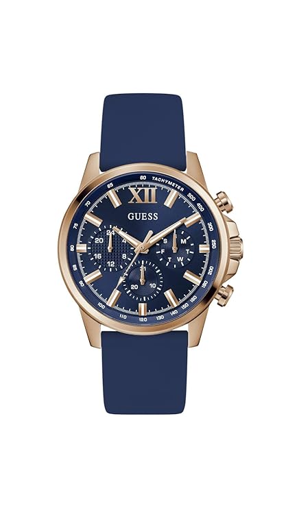 GUESS GW0913G1 mens watch with blue dial, rose gold case, and blue silicone strap