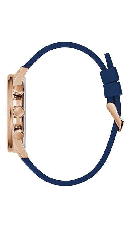 Side view of GUESS GW0913G1 watch showing rose gold case and blue silicone strap