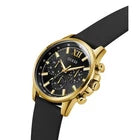 Guess gold-tone chronograph watch at angle showing black silicone strap