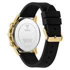 Guess chronograph watch caseback showing gold-tone case and black strap attachment