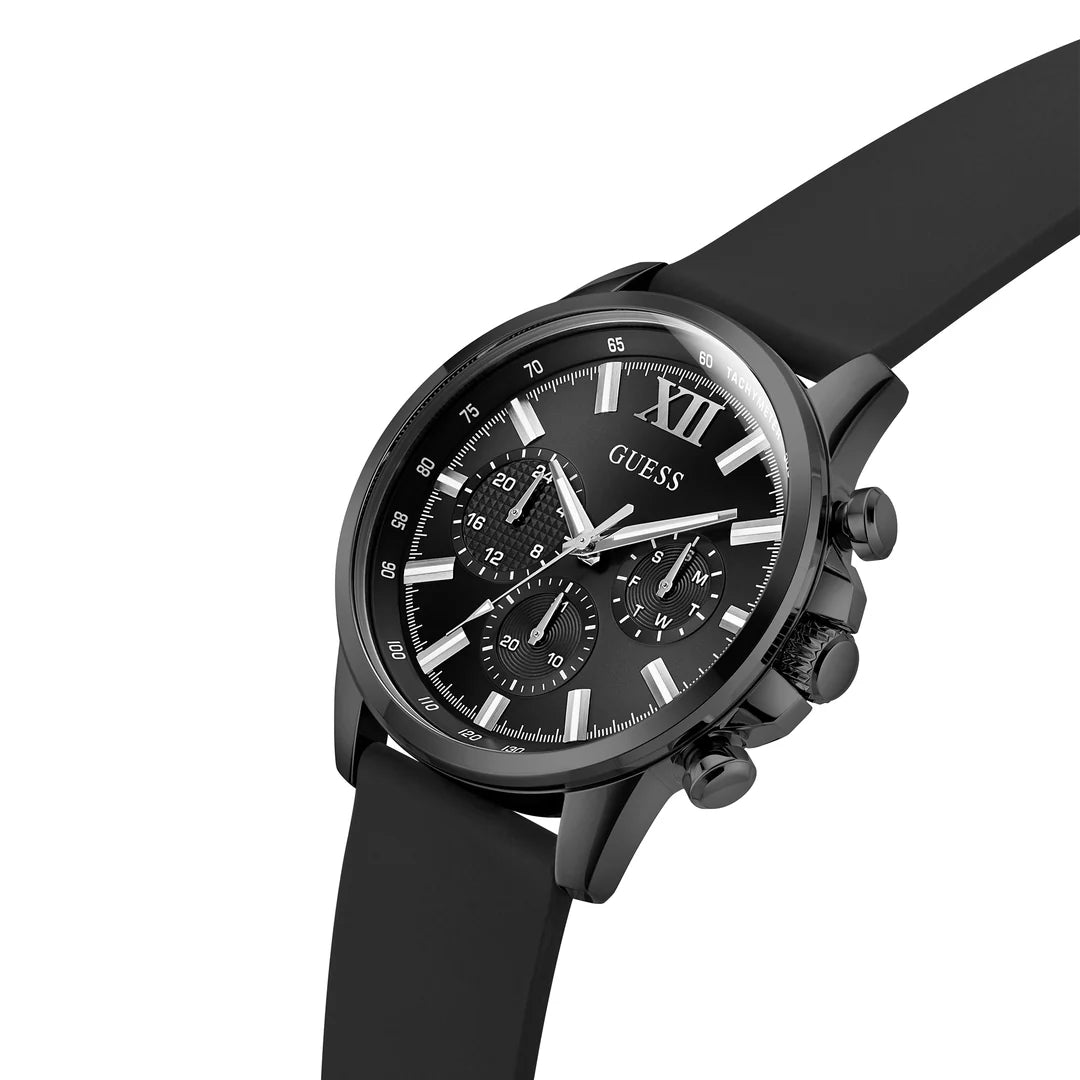 GUESS GW0913G3 angled view showing black chronograph watch with subdials and strap