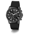 Close-up of GUESS black chronograph dial with Roman numerals and multiple subdials
