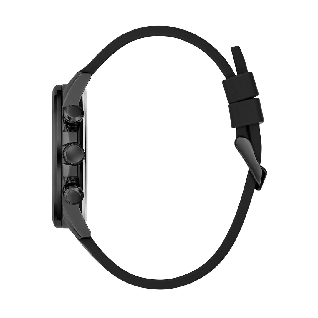 Side view of GUESS GW0913G3 black chronograph watch showing case profile and strap