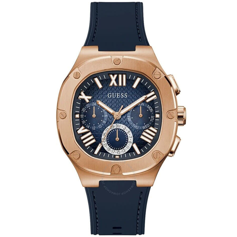 Guess Headline quartz watch with blue chronograph dial, rose gold case, and blue silicone strap