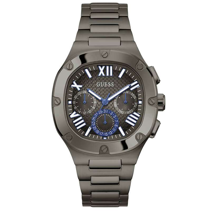 Guess Headline 42mm quartz men's watch with gunmetal dial, blue chronograph hands, and stainless steel bracelet