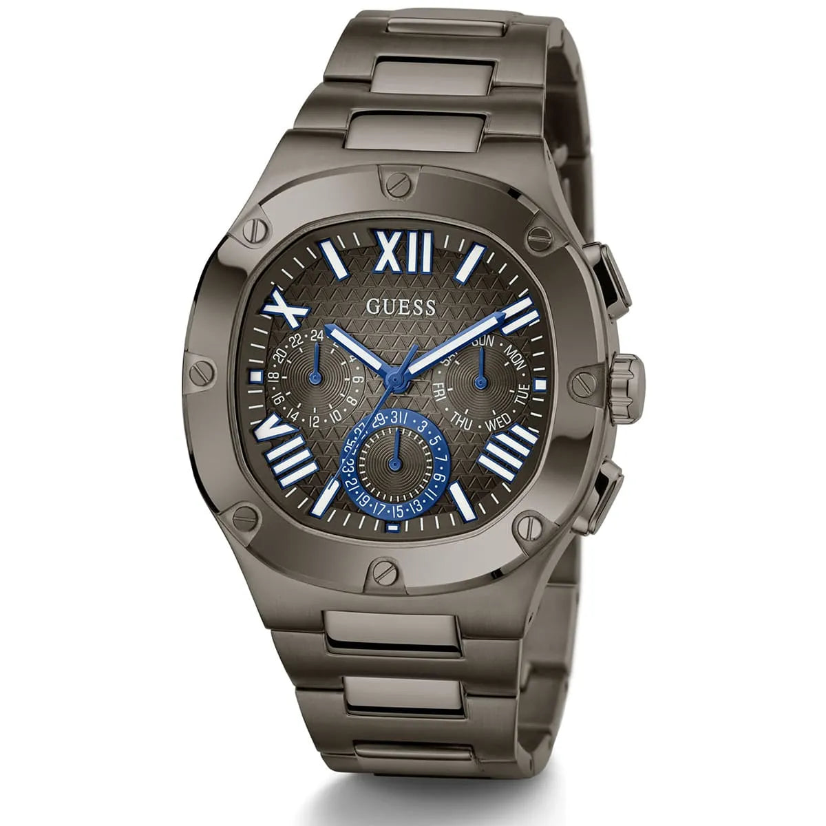 Guess Headline watch angled view showing gunmetal case and metal bracelet